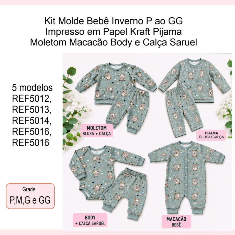 Kit Molde Bebê Inverno P ao GG em Papel Kraft | Moletom, Pijama, Macacão, Body e Calça Saruel