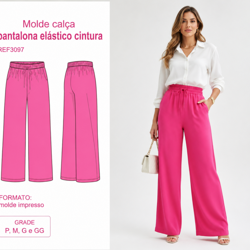 Molde calça pantalona elástico cintura REF3097 P,M,G,GG Multitamanhos Recorte e Costure