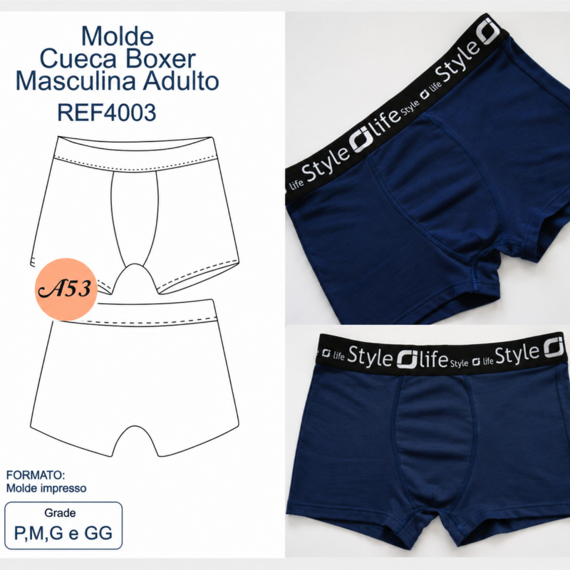 Molde Cueca Boxer Masculina Adulto REF4003 | Molde Impresso Multitamanhos P, M, G e GG