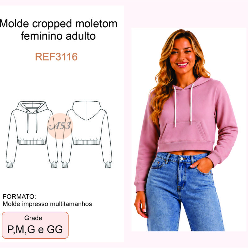 REF3116 Molde Cropped Moletom Feminino com Capuz e Bolso Canguru