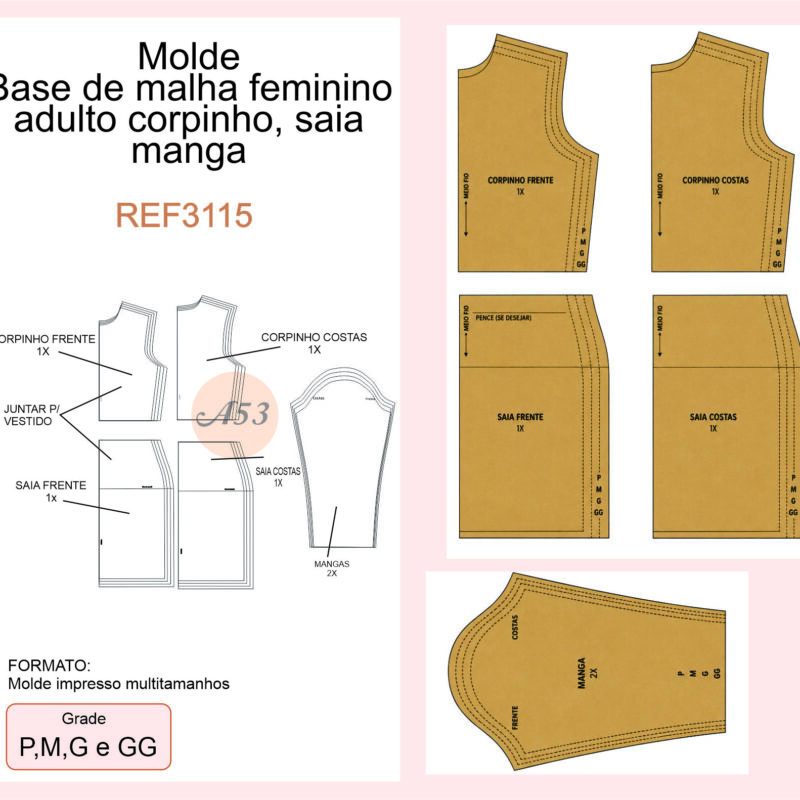 ✂️ Molde Base de Malha Feminino Adulto REF3115 | Corpinho, Saia e Manga Multitamanhos